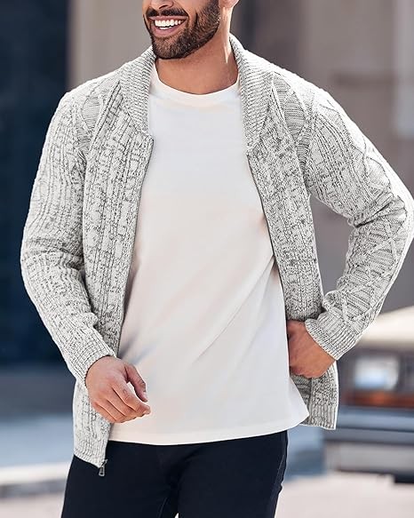 Ryannology Mens Shawl Neck Cardigan Sweater Cable Knit Zip Up Closure with Pockets Winter Sweaters Outerwear