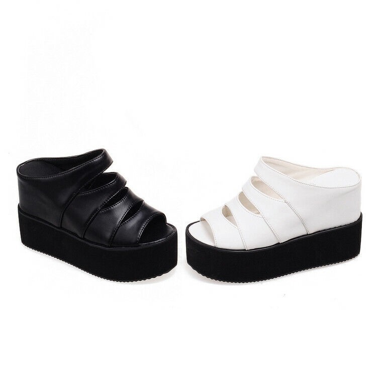Womens Wedge Heel Black Slip on Shoes Summer Sandals Platform Open Toe Plus Size