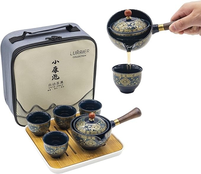 LURRIER Porcelain Chinese Gongfu Tea Set,Portable Teapot Set with 360 Rotation Tea maker and Infuser,Portable All in One Gift Bag for Travel,Home,Gifting,Outdoor and Office (Floral Blue)