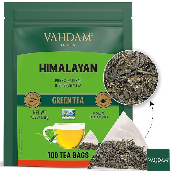VAHDAM, Original Himalayan Green Tea (100 Count) High Grown, Non GMO, Gluten Free, Med Caffeine | Earthy, Smooth & Refreshing | Resealable & Individually Wrapped | Plant-Based Pyramid Tea Bags