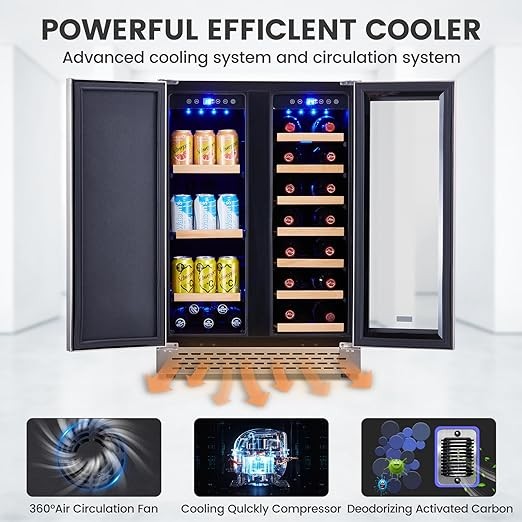 Wine Cooler Beverage Refrigerator, 24” Wine Fridge with Dual-Zone Digital Temperature Control, Glass Front Doors and Interior Lighting Holds 18 Bottles and 57 Cans on Removable Shelves