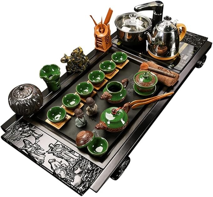 Vintage Tea Set,Chinese Ceramic Kung Fu Tea Set with Solid Wood Tea Tray Tea Set Porcelain Tea Service,Fully Automatic Set of Tea Set with Automatic Water Heater (Color : Style-1)